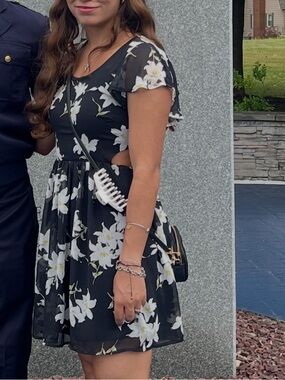 Lulu's Black Mini Dress with White Lily Print
